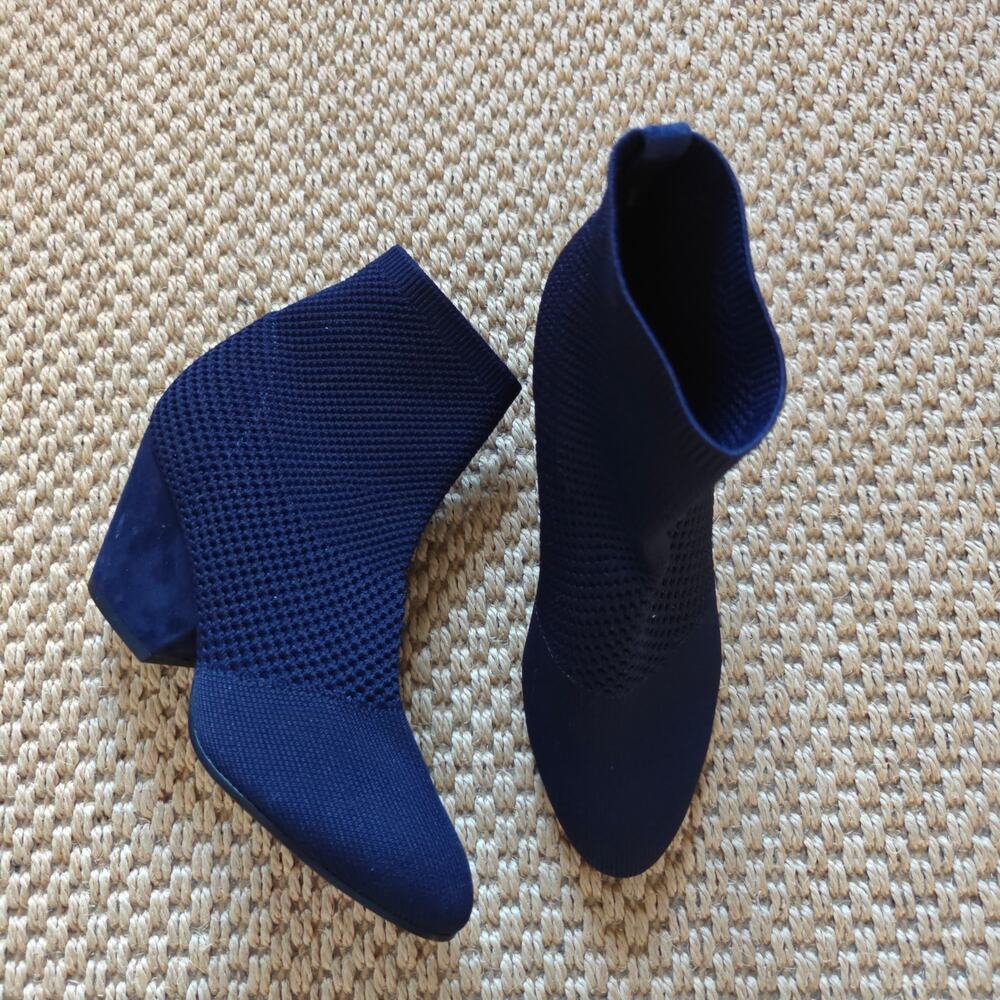 Eileen Fisher Navy Stretch Knit Sock Ankle Boots Block Heel Size 6